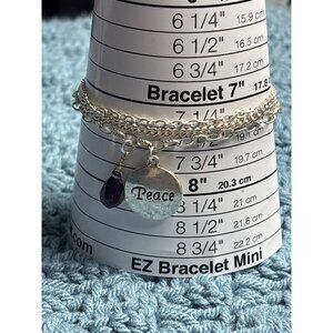 Peace Charm Bracelet Silvertone 2 Strand Chain Purple Faceted Glass Bead 7.25 in
